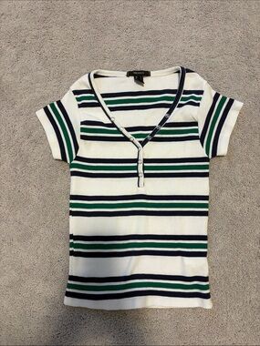 Forever 21 White Short-Sleeve Striped Henley Top with Navy & Green